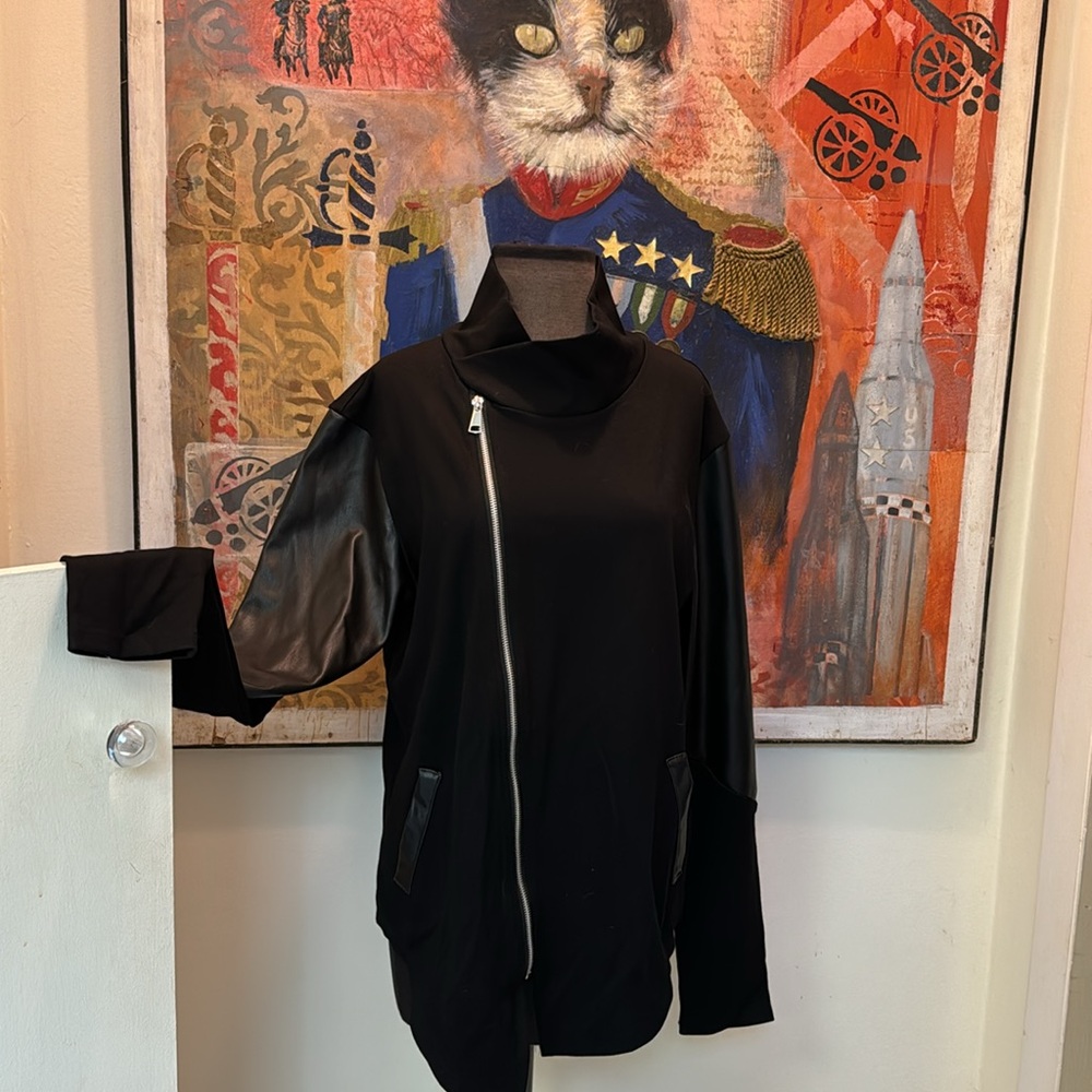 Aowofs men’s medium black jersey zip cowl neck sweatshirt-faux leather trim